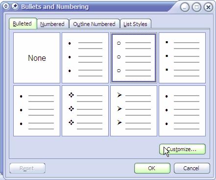 Bullets and Numbering Dialog Box